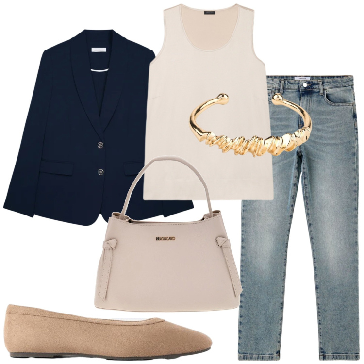 Outfit donna - Total look #2466031. Stile Glamour per Ufficio. Abbinamento con braccialetti, ballerine, jeans slim fit, blazer, canottiere, borse a tracolla.