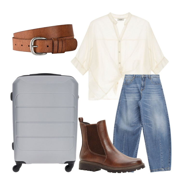 Outfit donna - Partenza per Bologna. Stile Basic per Tutti i giorni. Abbinamento con stivaletti, cinture, camicie a manica corta, jeans, valigie.