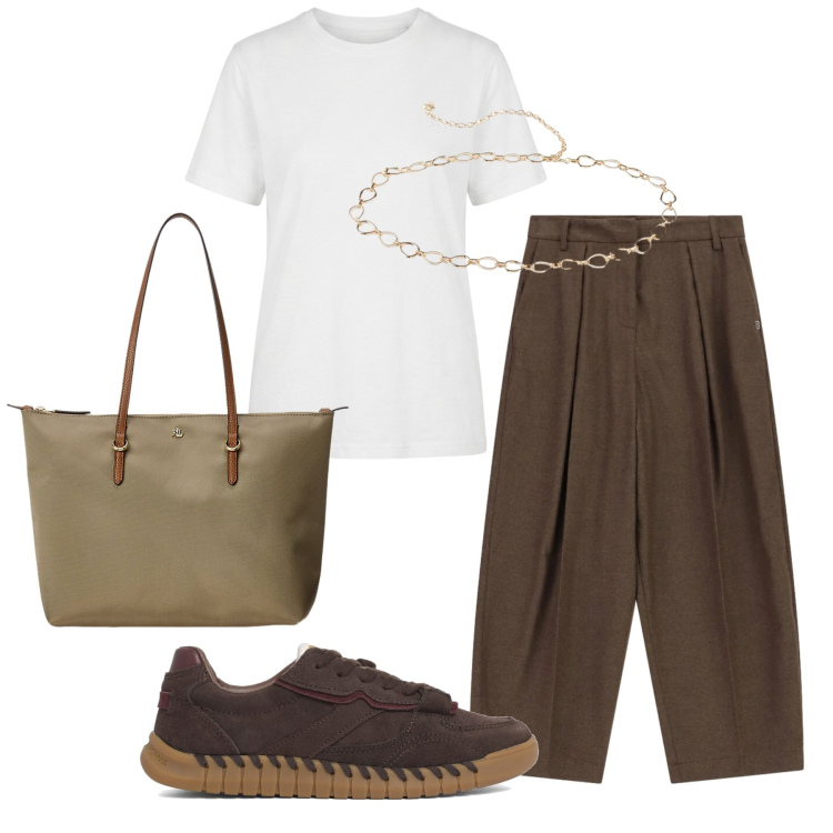 Outfit donna - Total look #2466045. Stile Basic per Tutti i giorni. Abbinamento con cinture, t-shirt, pantaloni a palazzo, borse tote, sneakers.