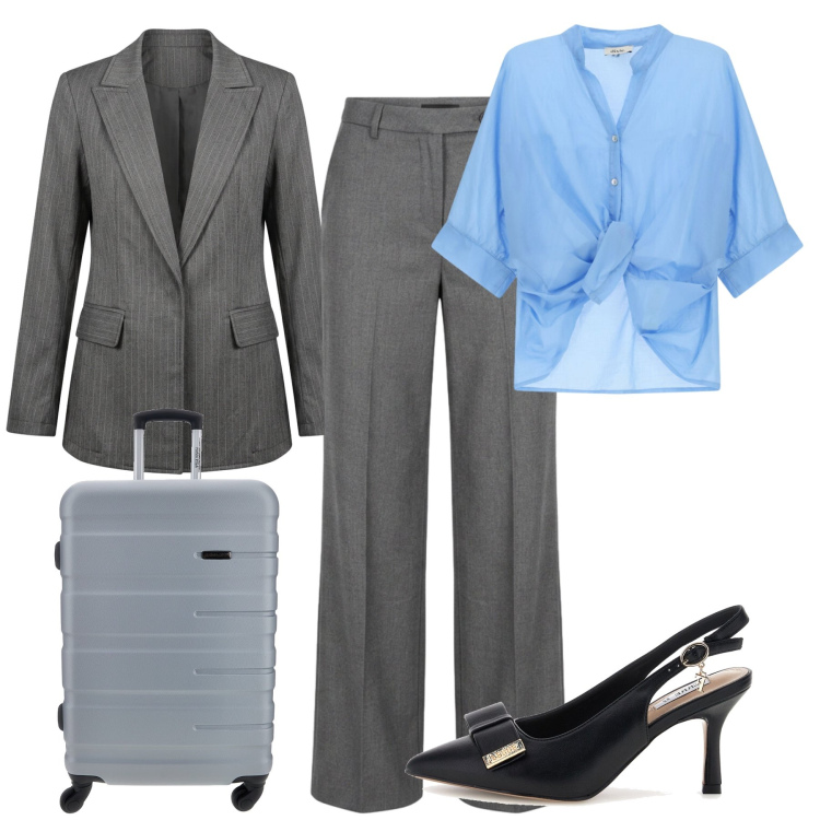 Outfit donna - Total look #2466049. Stile Bon Ton per Ufficio. Abbinamento con camicie, blazer, pantaloni a palazzo, décolleté, valigie.