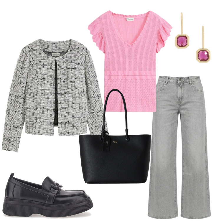 Outfit donna - Grigio e rosa. Stile Casual chic per Tutti i giorni. Abbinamento con cardigans, t-shirt, shopping bag, jeans a zampa, orecchini, mocassini.
