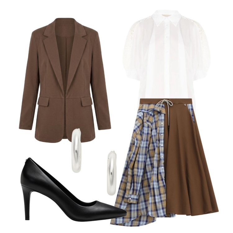 Outfit donna - Back to Office. Stile Preppy per Ufficio. Abbinamento con décolleté, gonne longuette, camicie a manica corta, blazer, orecchini.