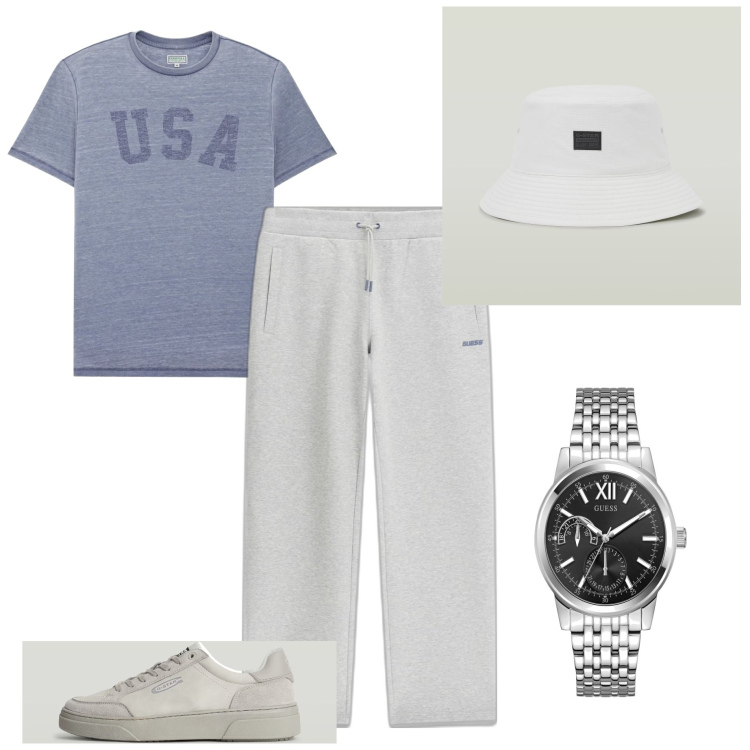 Outfit hombre - Casual #13305. Estilo Casual para Todos los días. Combinación con sneakers, reloj, camiseta, pantalones, sombreros.