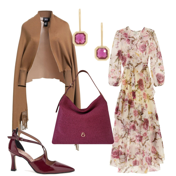 Outfit donna - L\'abito a fiori. Stile Glamour per Serata fuori. Abbinamento con cappe, vestiti lunghi, borse a spalla, orecchini, décolleté.