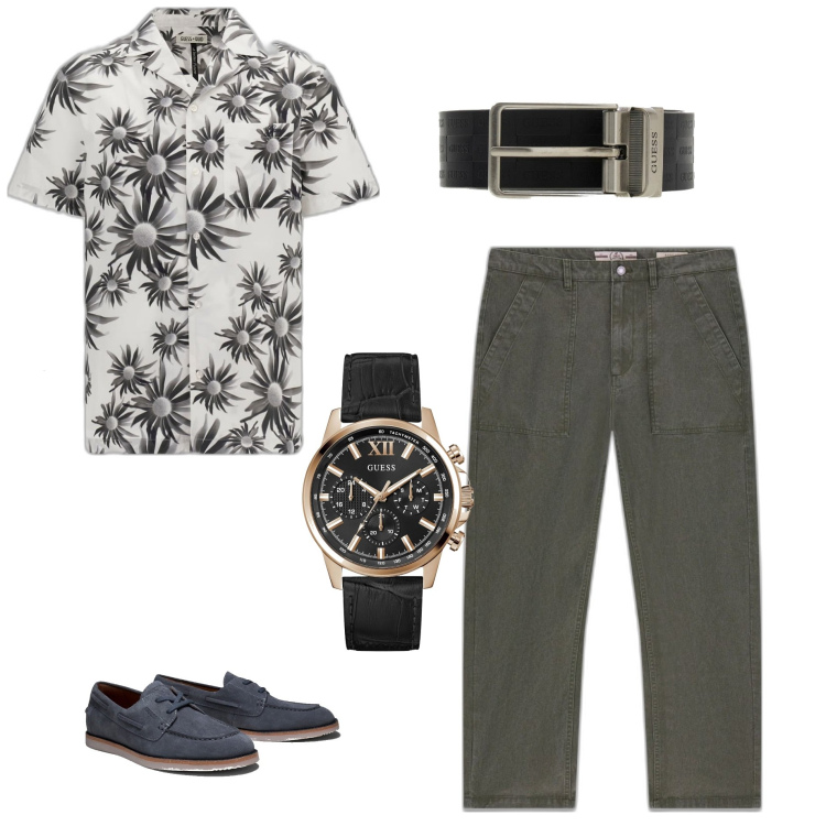 Outfit hombre - Casual #13307. Estilo Casual para Todos los días. Combinación con pantalones, cinturones, reloj, zapatos con cordones, camisas de manga corta.