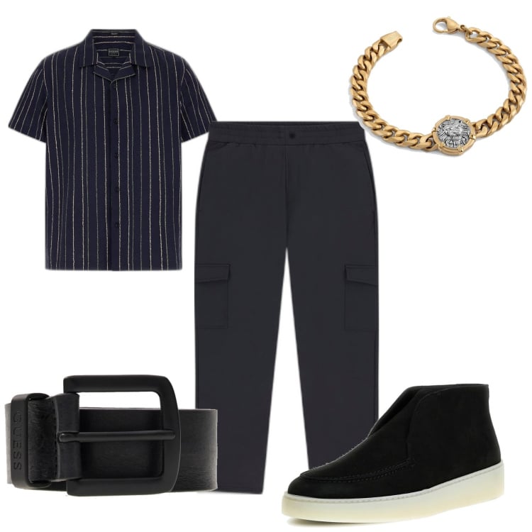 Outfit hombre - Casual #13308. Estilo Casual para Todos los días. Combinación con pantalones cargo, camisas de manga corta, botas y botines, pulseras, cinturones.