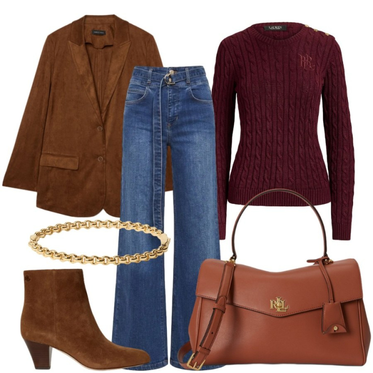 Outfit donna - Cadono le foglie. Stile Sporty chic per Tutti i giorni. Abbinamento con jeans, blazer, stivaletti, borse a mano, maglieria, braccialetti.