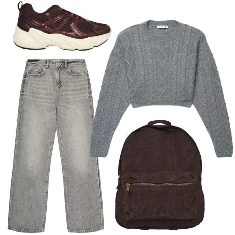Outfit donna - Comoda per l\'università. Stile Basic per Scuola/Università. Abbinamento con jeans dritti, zaini, maglieria, sneakers.