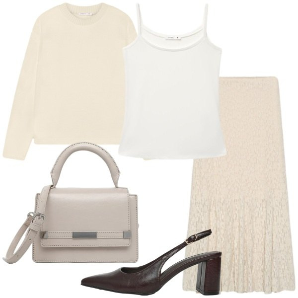 Outfit donna - Reality is calling. Stile Glamour per Tutti i giorni. Abbinamento con gonne lunghe, top, borse a tracolla, décolleté, maglieria.