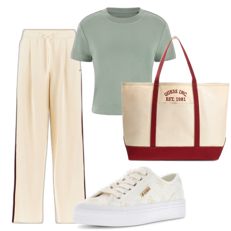 Outfit mujer - Casual. Estilo Casual para Todos los días. Combinación con sneakers, bolso shopper, camiseta, pantalones palazzo.