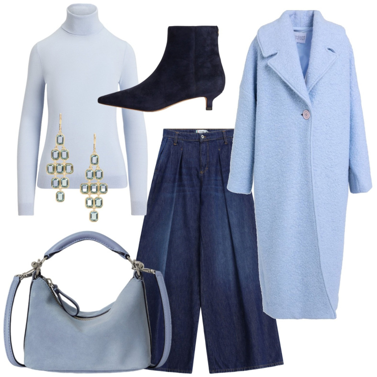 Outfit donna - Il colore del cielo. Stile Bon Ton per Ufficio. Abbinamento con cappotti, jeans, stivaletti, borse a spalla, orecchini, pullovers.