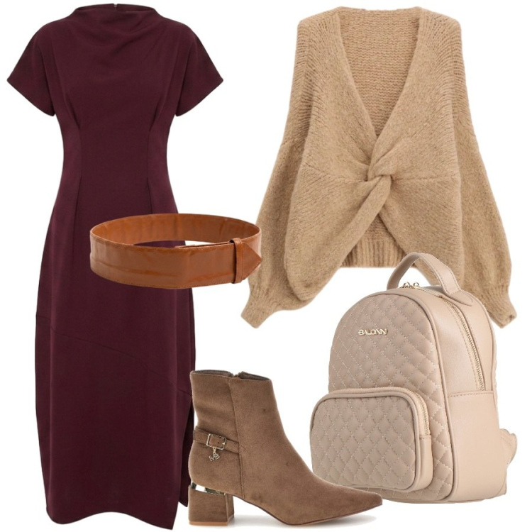 Outfit donna - Al lavoro. Stile Trendy per Tutti i giorni. Abbinamento con zaini, cardigans, vestiti lunghi, cinture, stivaletti.