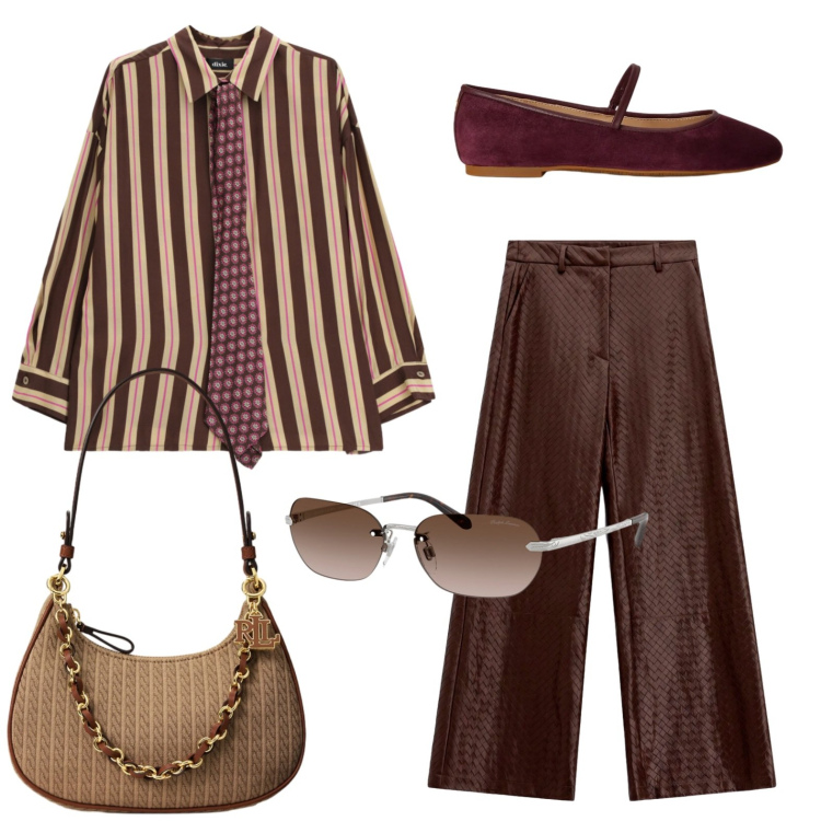 Outfit donna - In ufficio con la cravatta. Stile Urban per Ufficio. Abbinamento con pantaloni a palazzo, camicie, borse a spalla, occhiali da sole, ballerine.