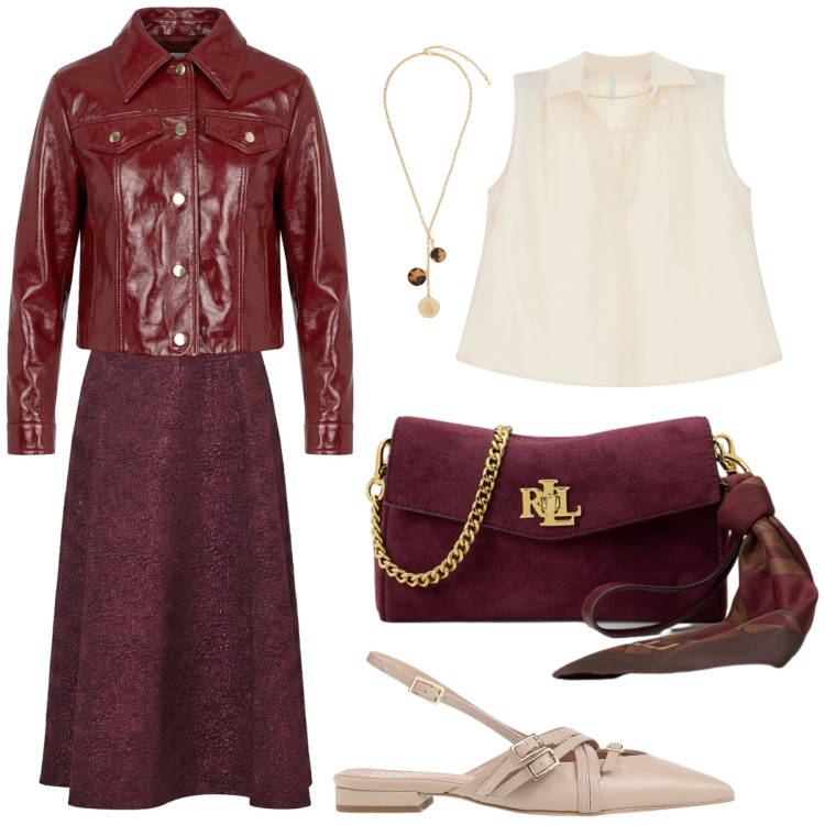 Outfit donna - Voglia d’Autunno. Stile Sporty chic per Ufficio. Abbinamento con ballerine, giacche, camicie a manica corta, gonne longuette, collane, borse a tracolla.