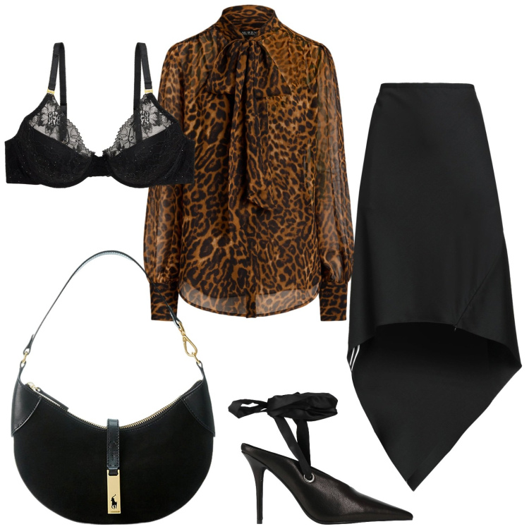Outfit donna - Un\'elegante gonna asimmetrica. Stile Glamour per Serata fuori. Abbinamento con décolleté, minigonne, borse a spalla, reggiseni, bluse.