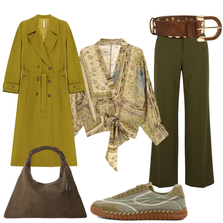 Outfit donna - L’arte del layering. Stile Chic per Tutti i giorni. Abbinamento con trench, camicie, borse a spalla, cinture, pantaloni a palazzo, sneakers.