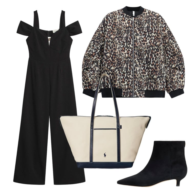 Outfit donna - Jumpsuit e bomber. Stile Trendy per Serata fuori. Abbinamento con tute, bomber, borse tote, stivaletti.