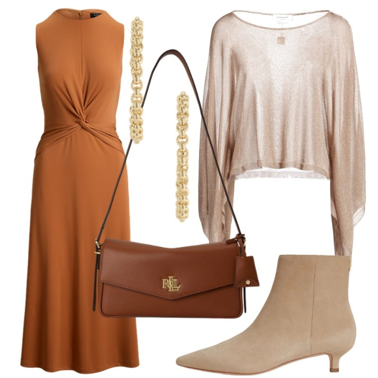 Outfit donna - Voglia di autunno. Stile Chic per Tutti i giorni. Abbinamento con pullovers, vestiti senza maniche, stivaletti, borse a spalla, orecchini.