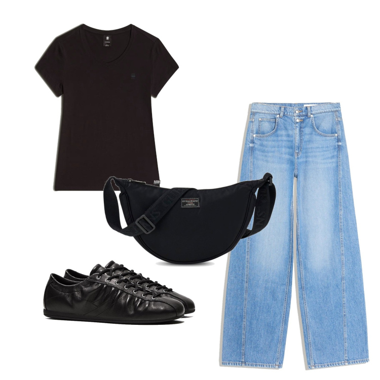 Outfit mujer - Basic look. Estilo Basic para Todos los días. Combinación con vaqueros, bolsos de hombro, sneakers, top.