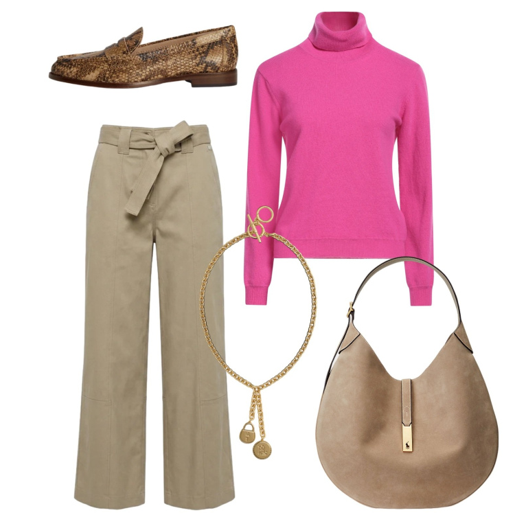 Outfit donna - Fuxia e tortora. Stile Sporty chic per Ufficio. Abbinamento con maglieria, pantaloni, borse a spalla, mocassini, ciondoli.