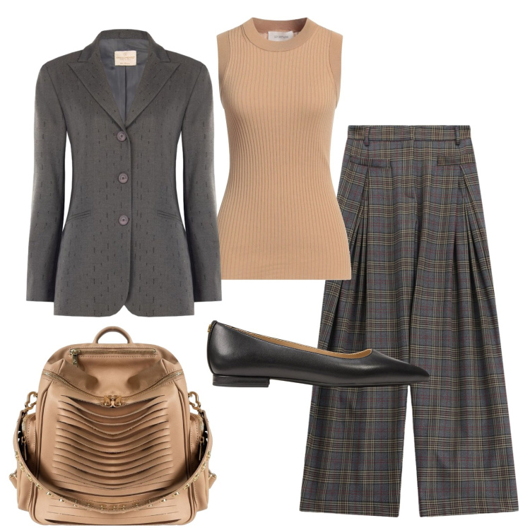 Outfit donna - Pantaloni morbidi e blazer tre bottoni. Stile Urban per Ufficio. Abbinamento con pullovers, pantaloni a palazzo, blazer, zaini, ballerine.