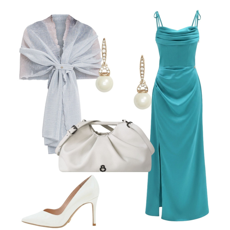 Outfit donna - Total look #2466118. Stile Glamour per Cerimonia. Abbinamento con vestiti lunghi, stole, décolleté, clutch, orecchini.