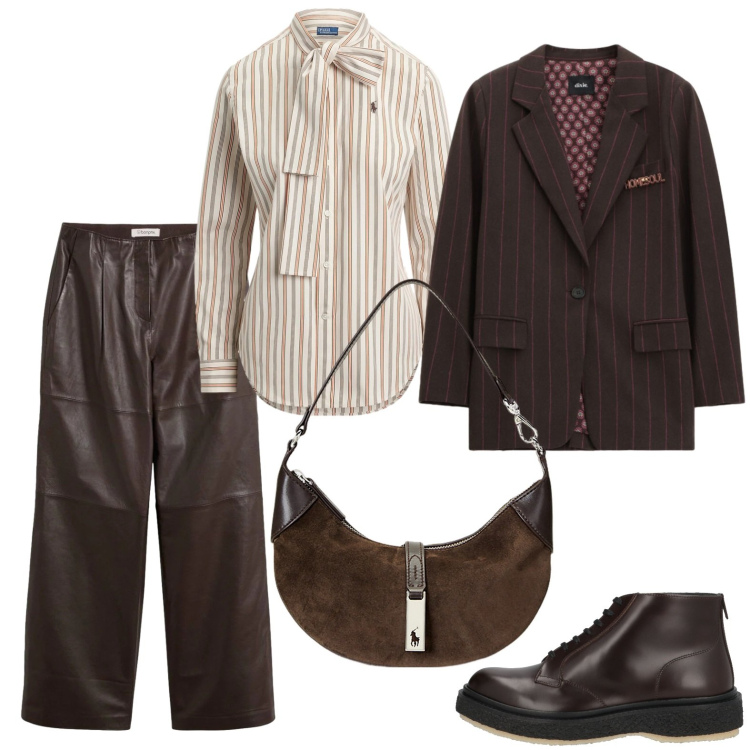 Outfit donna - Doppio gessato. Stile Mannish per Tutti i giorni. Abbinamento con stivaletti, pantaloni, blazer, borse a spalla, camicie.