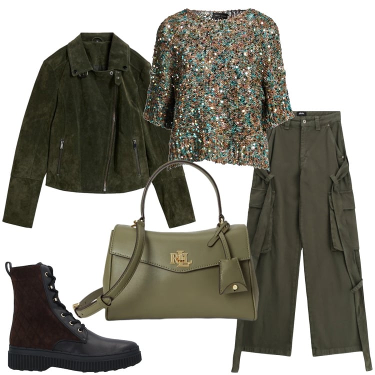 Outfit donna - Stile combat e dettaglio paillettes. Stile Military per Tutti i giorni. Abbinamento con stivaletti, pullovers, giacche, pantaloni cargo, borse a mano.