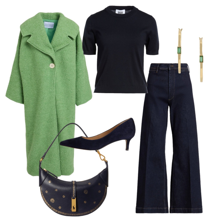 Outfit donna - Il cappottino verde mela. Stile Trendy per Tutti i giorni. Abbinamento con cappotti, pullovers, décolleté, orecchini, jeans, borse a spalla.
