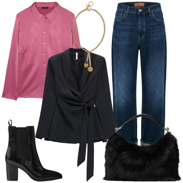 Outfit donna - Total look #2466125. Stile Casual chic per Serata fuori. Abbinamento con blazer, jeans dritti, camicie, borse a mano, stivaletti, ciondoli.