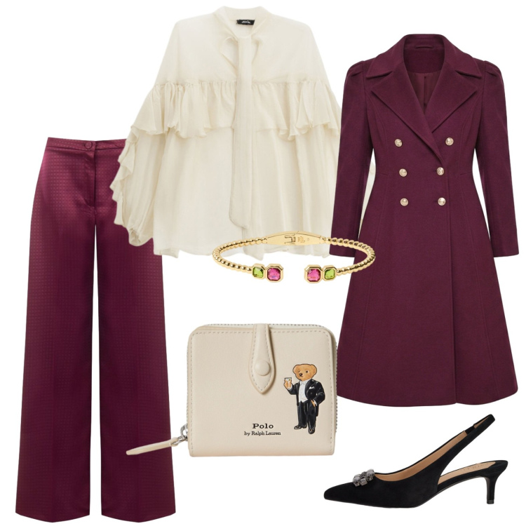 Outfit donna - Battesimo. Stile Chic per Cerimonia. Abbinamento con bluse, pantaloni a palazzo, cappotti, portafogli, décolleté, braccialetti.