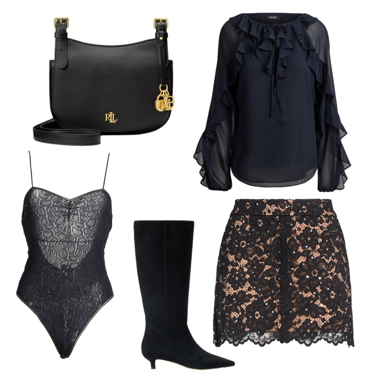 Outfit donna - Minigonna in pizzo. Stile Sexy per Serata fuori. Abbinamento con body, minigonne, borse a tracolla, stivali, bluse.