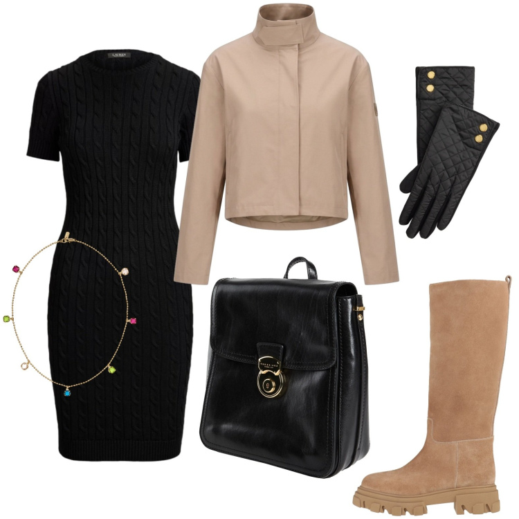 Outfit donna - Tubino nero e stivali nocciola. Stile Basic per Ufficio. Abbinamento con zaini, stivali, blazer, collane, vestiti a tubino, guanti.