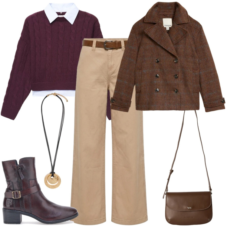 Outfit donna - Preparandosi all\'inverno. Stile Casual per Tutti i giorni. Abbinamento con caban, borse a tracolla, maglieria, ciondoli, pantaloni, stivaletti texani.