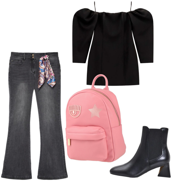 Outfit donna - Spalle in mostra. Stile Basic per Tutti i giorni. Abbinamento con zaini, vestiti corti, stivaletti, jeans.
