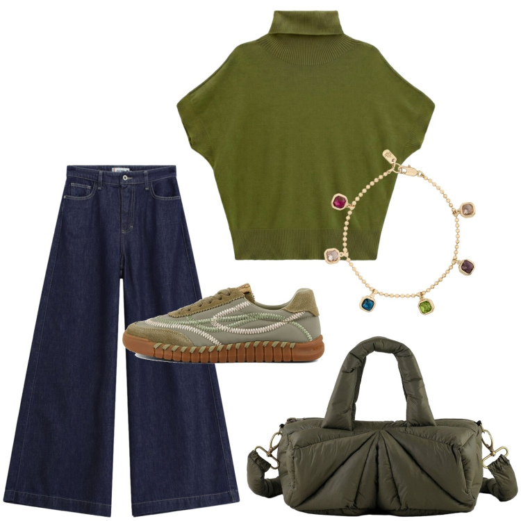 Outfit donna - Le sneakers ricamate. Stile Urban per Ufficio. Abbinamento con t-shirt, jeans, borse a mano, braccialetti, sneakers.
