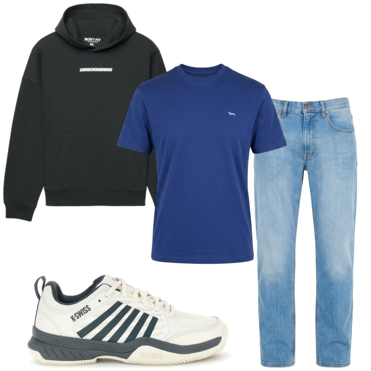 Outfit uomo - Total look #2466135. Stile Urban per Tutti i giorni. Abbinamento con jeans, t-shirt, felpe con cappuccio, sneakers.
