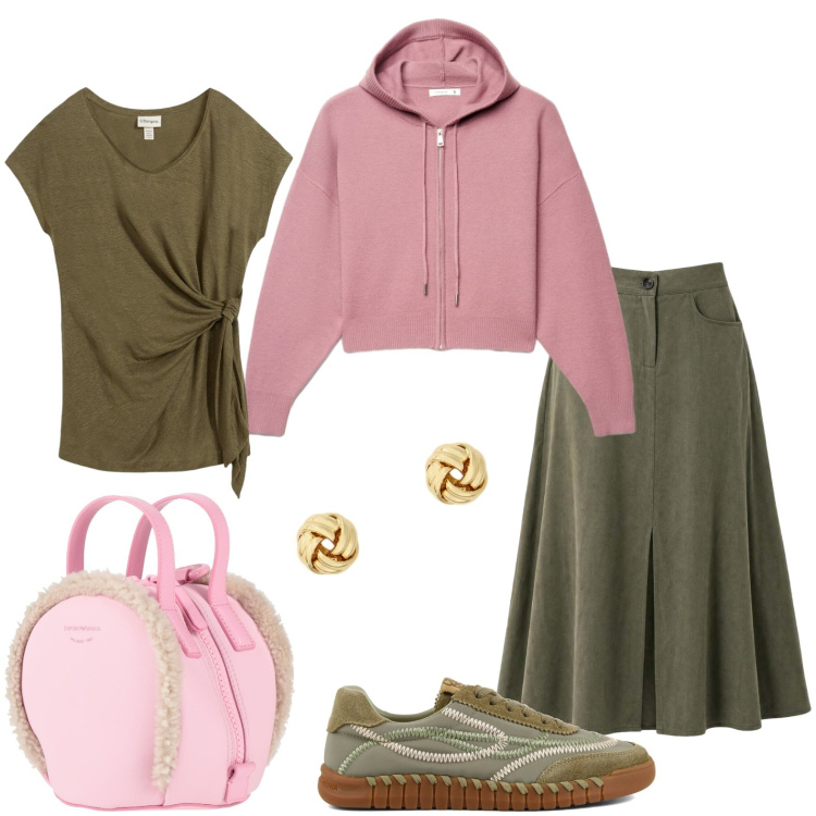 Outfit donna - Una borsa deliziosa. Stile Casual per Tutti i giorni. Abbinamento con zaini, t-shirt, maglieria, gonne lunghe, orecchini, sneakers.