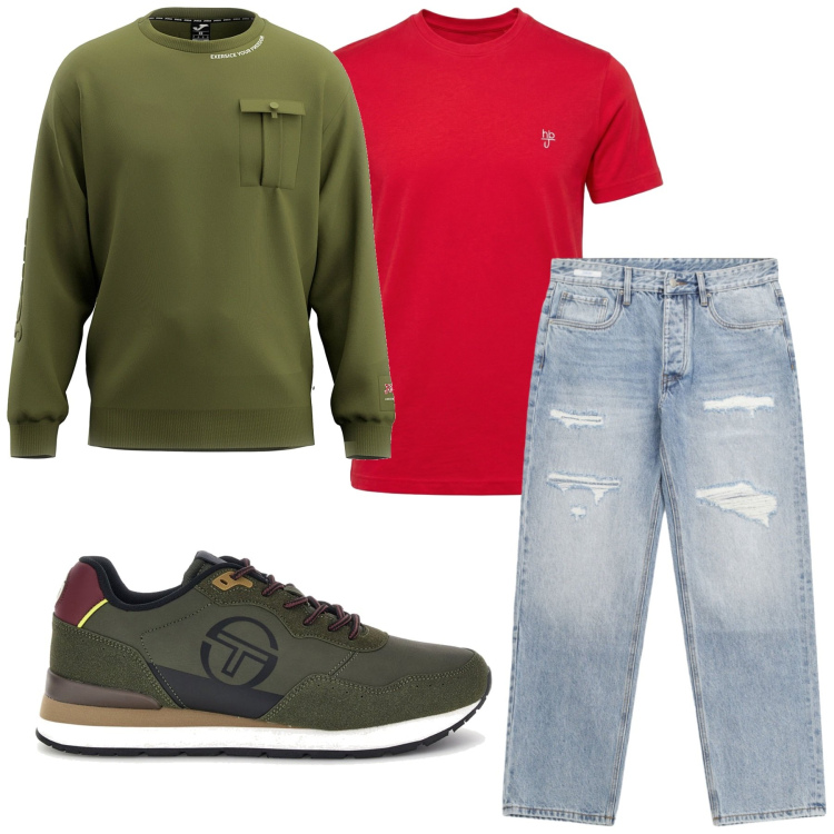 Outfit uomo - Total look #2466137. Stile Urban per Tutti i giorni. Abbinamento con t-shirt, jeans strappati, felpe, sneakers.