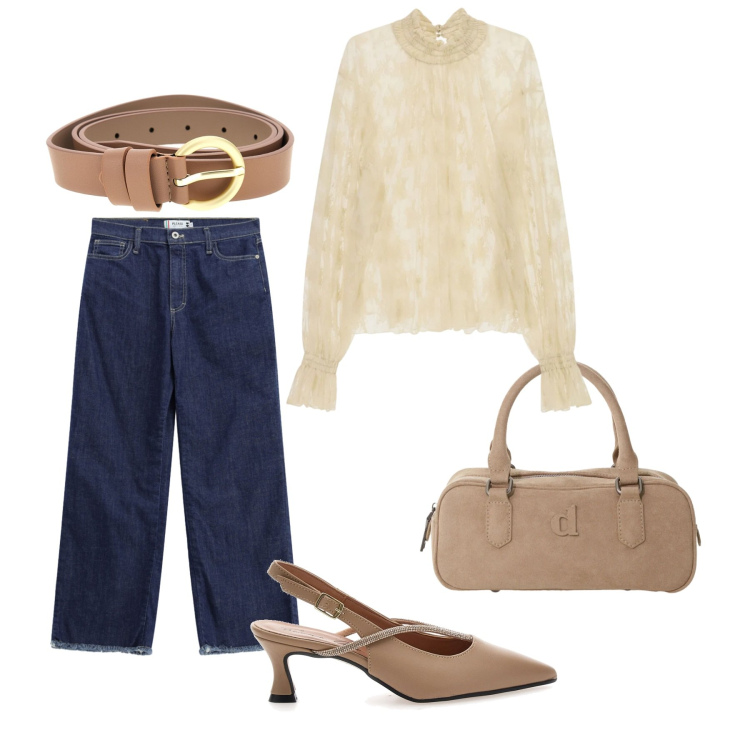 Outfit donna - L\'eleganza del nude. Stile Casual chic per Tutti i giorni. Abbinamento con bluse, borse a mano, jeans dritti, décolleté, cinture.