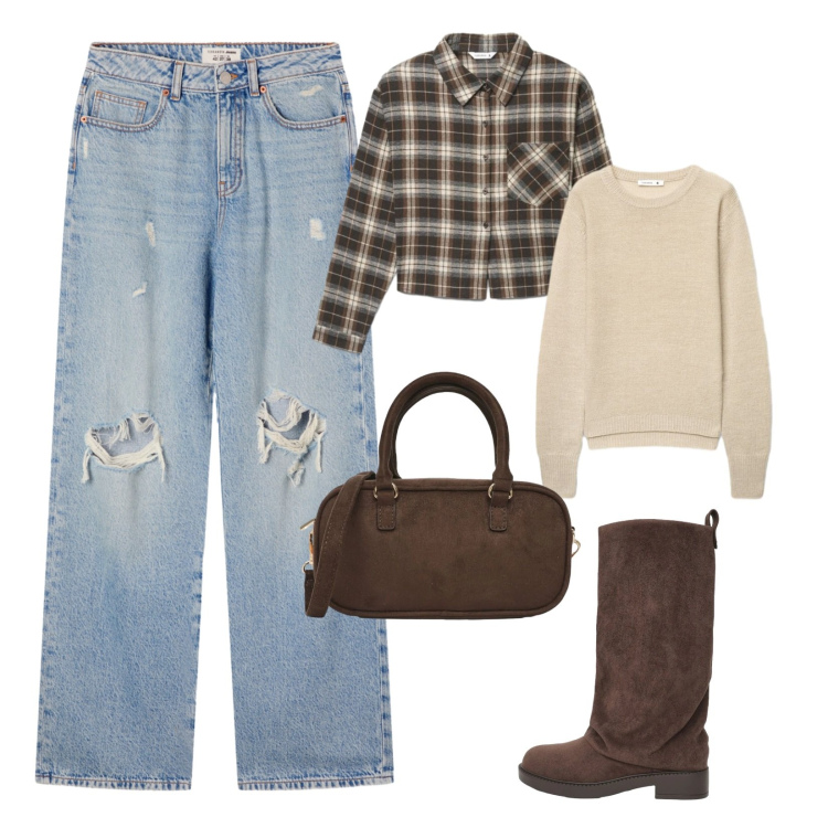 Outfit donna - Mood anni 90. Stile Urban per Tutti i giorni. Abbinamento con stivali, jeans strappati, camicie, maglieria, borse a tracolla.