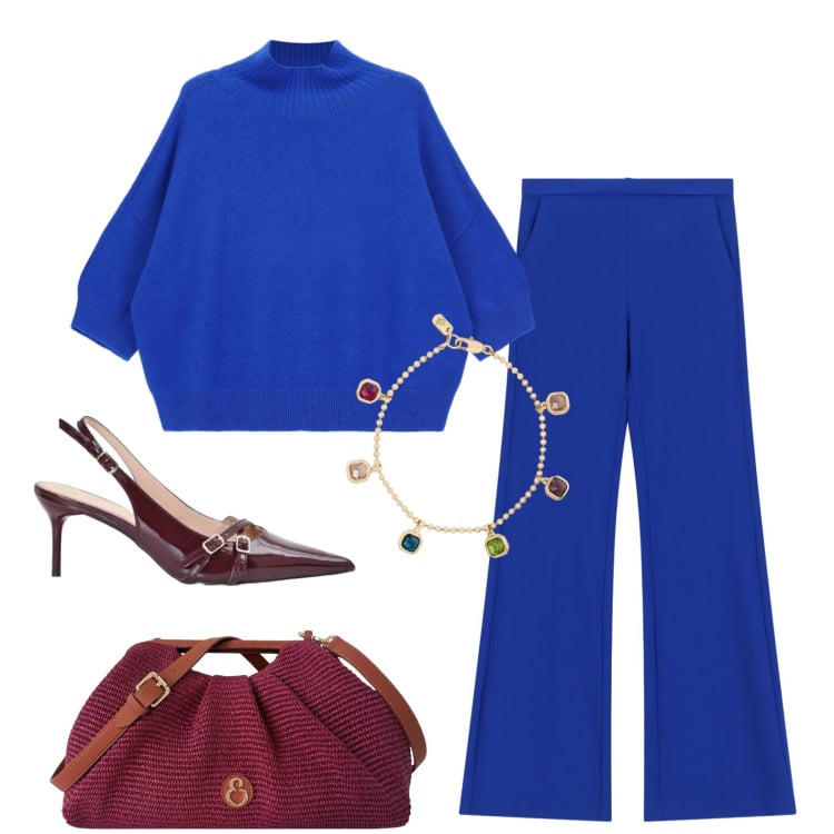 Outfit donna - Festa a sorpresa. Stile Glamour per Serata fuori. Abbinamento con pullovers, pantaloni, décolleté, clutch, braccialetti.