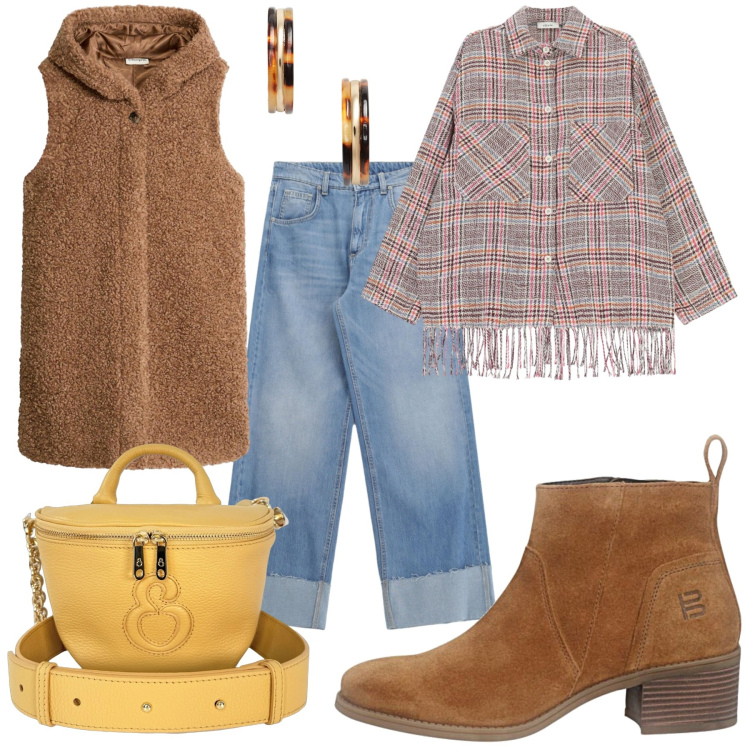 Outfit donna - Fra la via Emilia e il West. Stile Rock per Scuola/Università. Abbinamento con borse a tracolla, orecchini, camicie, jeans, stivaletti, gilet.
