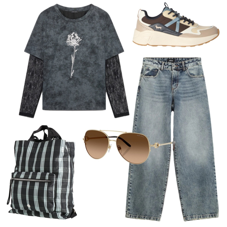 Outfit donna - Oggi in grigio. Stile Basic per Tutti i giorni. Abbinamento con zaini, sneakers, jeans dritti, t-shirt, occhiali da sole.