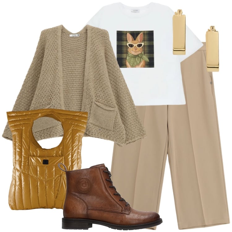 Outfit donna - Cenni di autunno. Stile Urban per Tutti i giorni. Abbinamento con pantaloni, t-shirt, cardigans, borse a mano, orecchini, anfibi.