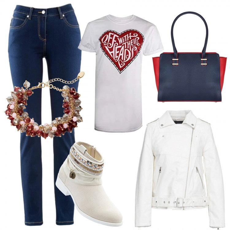 Outfit donna - Basic #3452. Stile Basic per Ufficio. Abbinamento con jeans dritti, bracciale con perle beige, stivaletti, borsa a mano, giubbotto in pelle sintetica, t-shirt bianco.