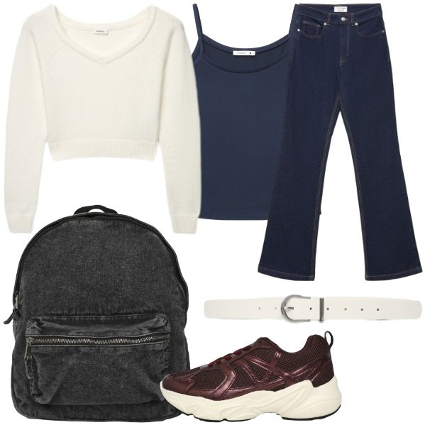Outfit donna - ripartire in città con stile. Stile Casual chic per Tutti i giorni. Abbinamento con maglieria, jeans bootcut, zaini, sneakers, cinture, canottiere.