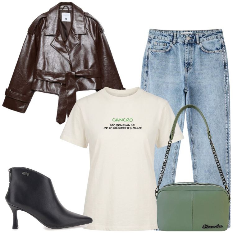 Outfit donna - Total look #2466153. Stile Casual chic per Tutti i giorni. Abbinamento con jeans mom, trench, borse a tracolla, t-shirt, stivaletti.
