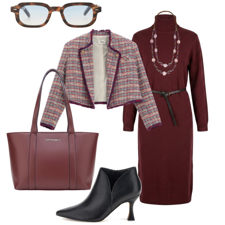 Outfit donna - L’abito in maglia color prugna. Stile Chic per Ufficio. Abbinamento con occhiali da sole, blazer, collane, vestiti midi/longuette, shopping bag, stivaletti.