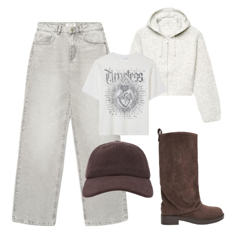 Outfit donna - Collezione Terranova. Stile Trendy per Scuola/Università. Abbinamento con stivali, t-shirt, jeans, cappelli con visiera, cardigans.